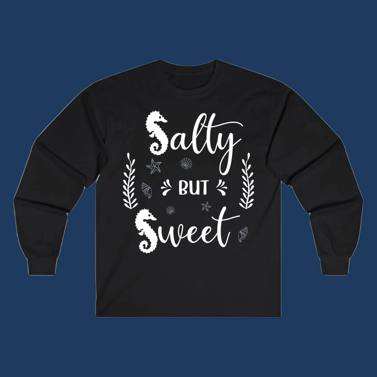 Salty but sweet nautical design with seahorses, starfish, and seashells in white on gray background