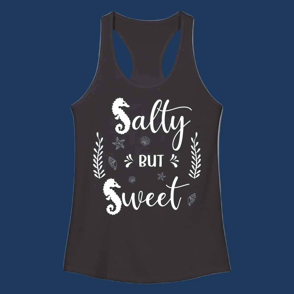 Salty but sweet nautical design with seahorses, starfish, and seashells in white on gray background