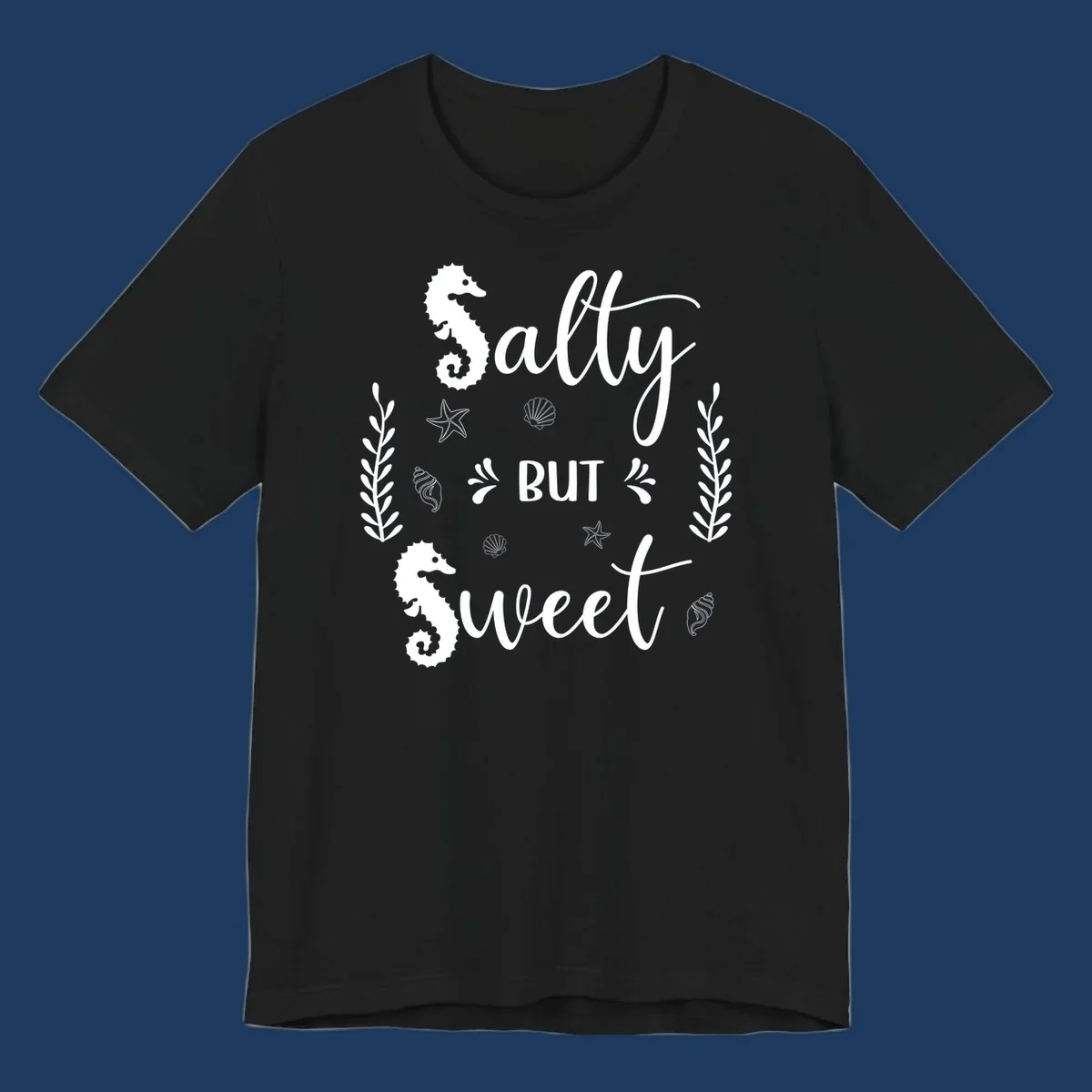 Salty but sweet nautical design with seahorses, starfish, and seashells in white on gray background