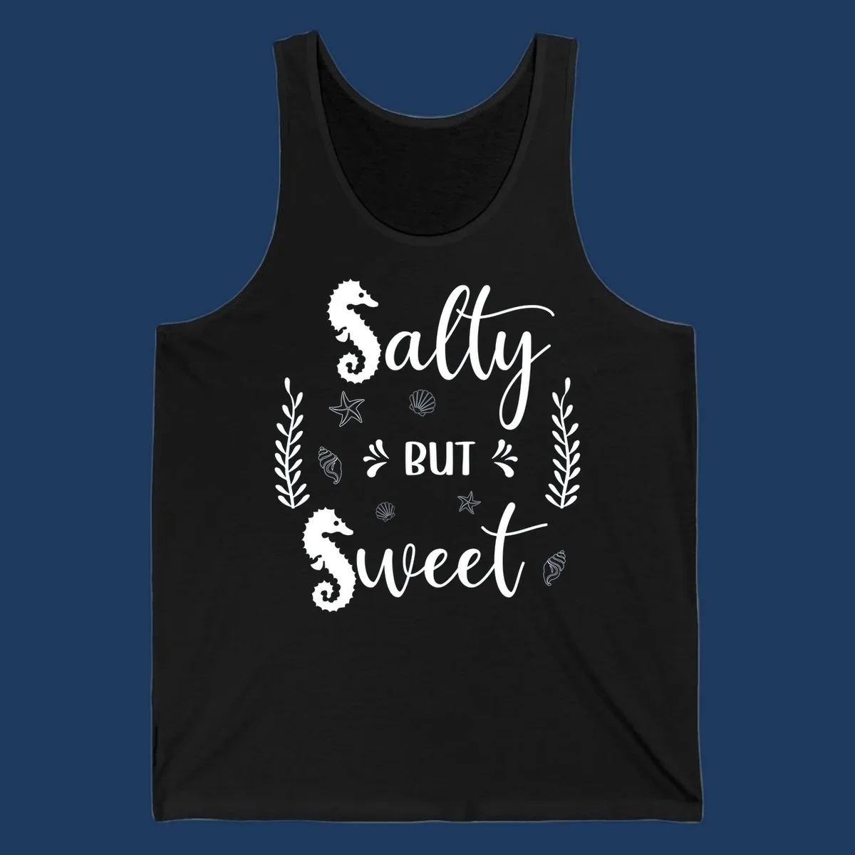 Salty but sweet nautical design with seahorses, starfish, and seashells in white on gray background
