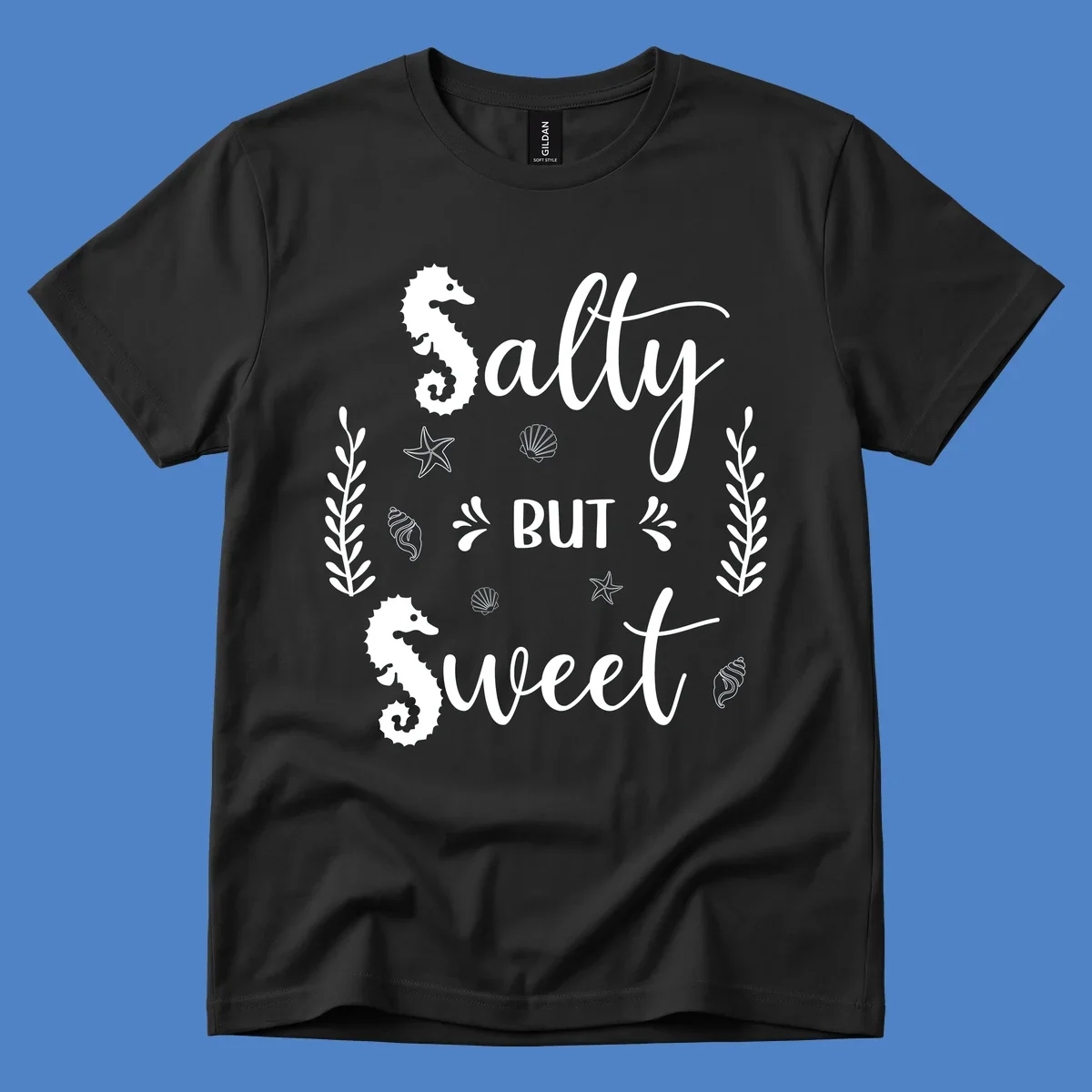 Salty but sweet nautical design with seahorses, starfish, and seashells in white on gray background