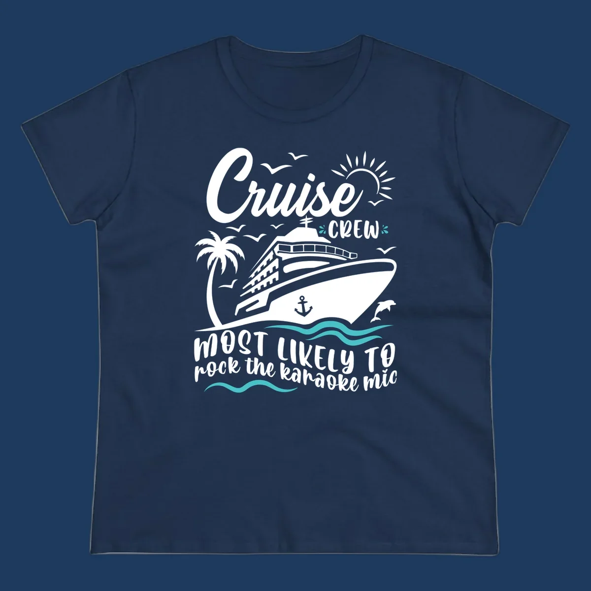 Cruise ship illustration with palm trees, sun, and ocean waves. Text reads 'Cruise CREW most likely to rock the karaoke mic' in white lettering on gray background.