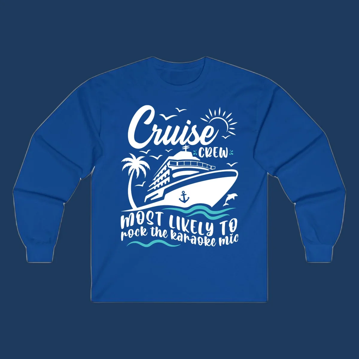 Cruise ship illustration with palm trees, sun, and ocean waves. Text reads 'Cruise CREW most likely to rock the karaoke mic' in white lettering on gray background.