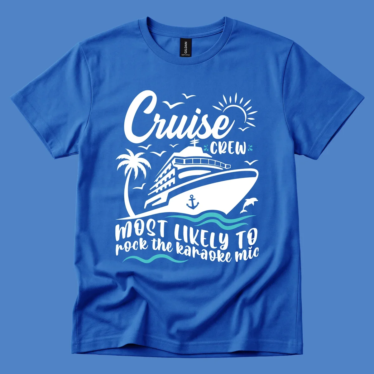 Cruise ship illustration with palm trees, sun, and ocean waves. Text reads 'Cruise CREW most likely to rock the karaoke mic' in white lettering on gray background.