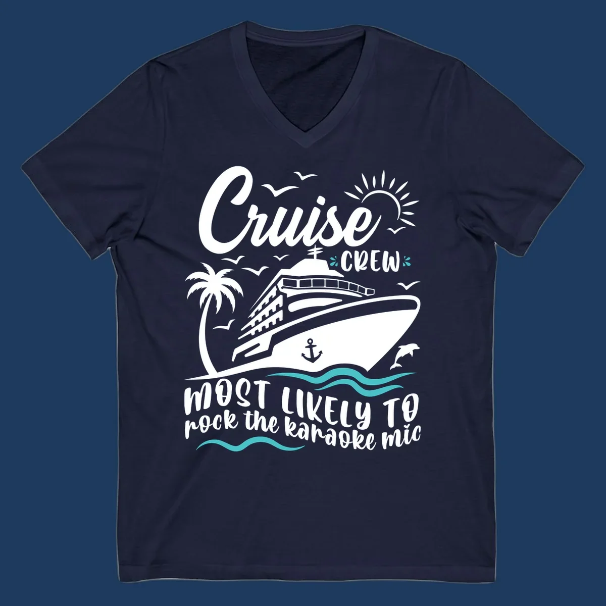 Cruise ship illustration with palm trees, sun, and ocean waves. Text reads 'Cruise CREW most likely to rock the karaoke mic' in white lettering on gray background.