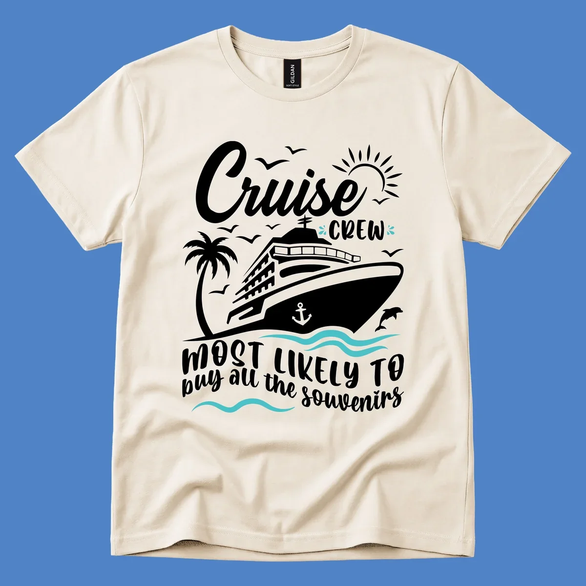 Cruise ship illustration with palm trees, waves, and seagulls; text reads 'Cruise Crew most likely to buy all the souvenirs'