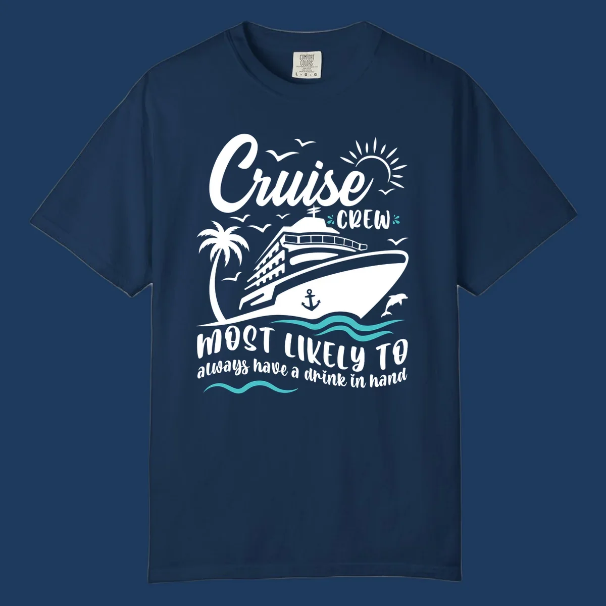 Cruise crew most likely to drink illustration with ship, palm tree, sun, waves, and seagulls on gray background