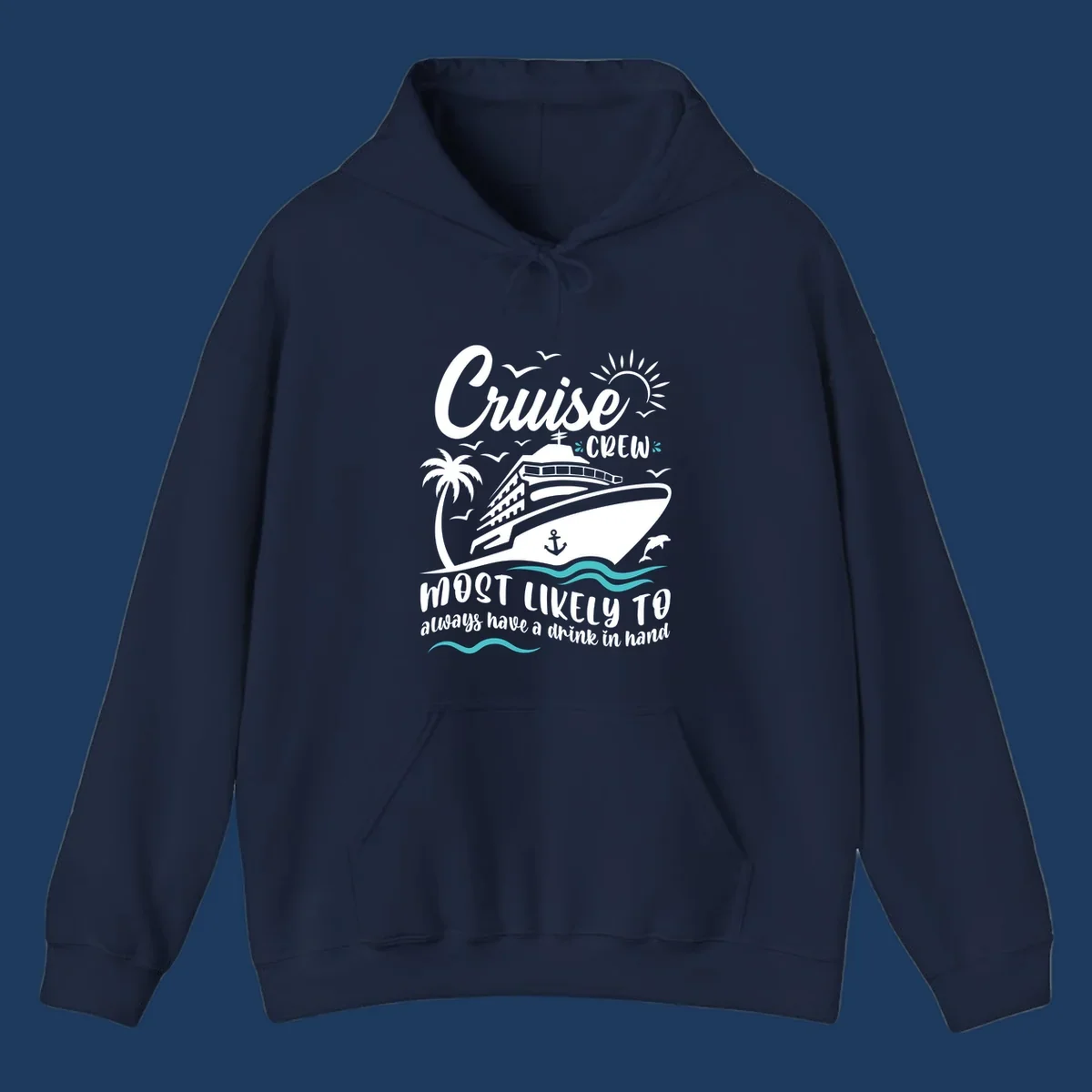 Cruise crew most likely to drink illustration with ship, palm tree, sun, waves, and seagulls on gray background