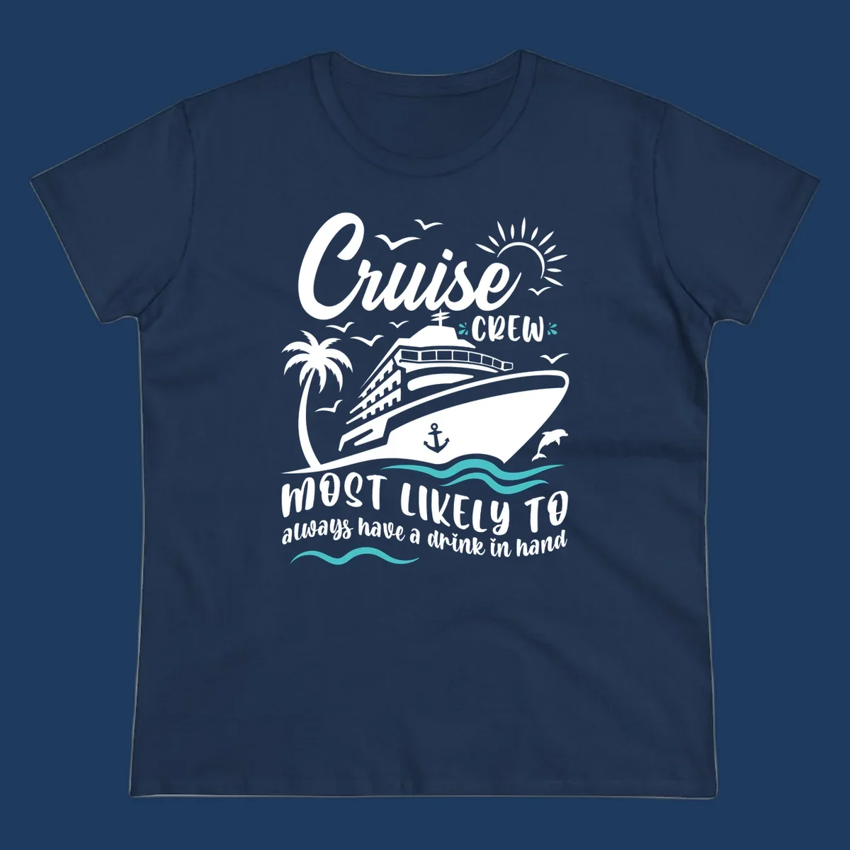 Cruise crew most likely to drink illustration with ship, palm tree, sun, waves, and seagulls on gray background