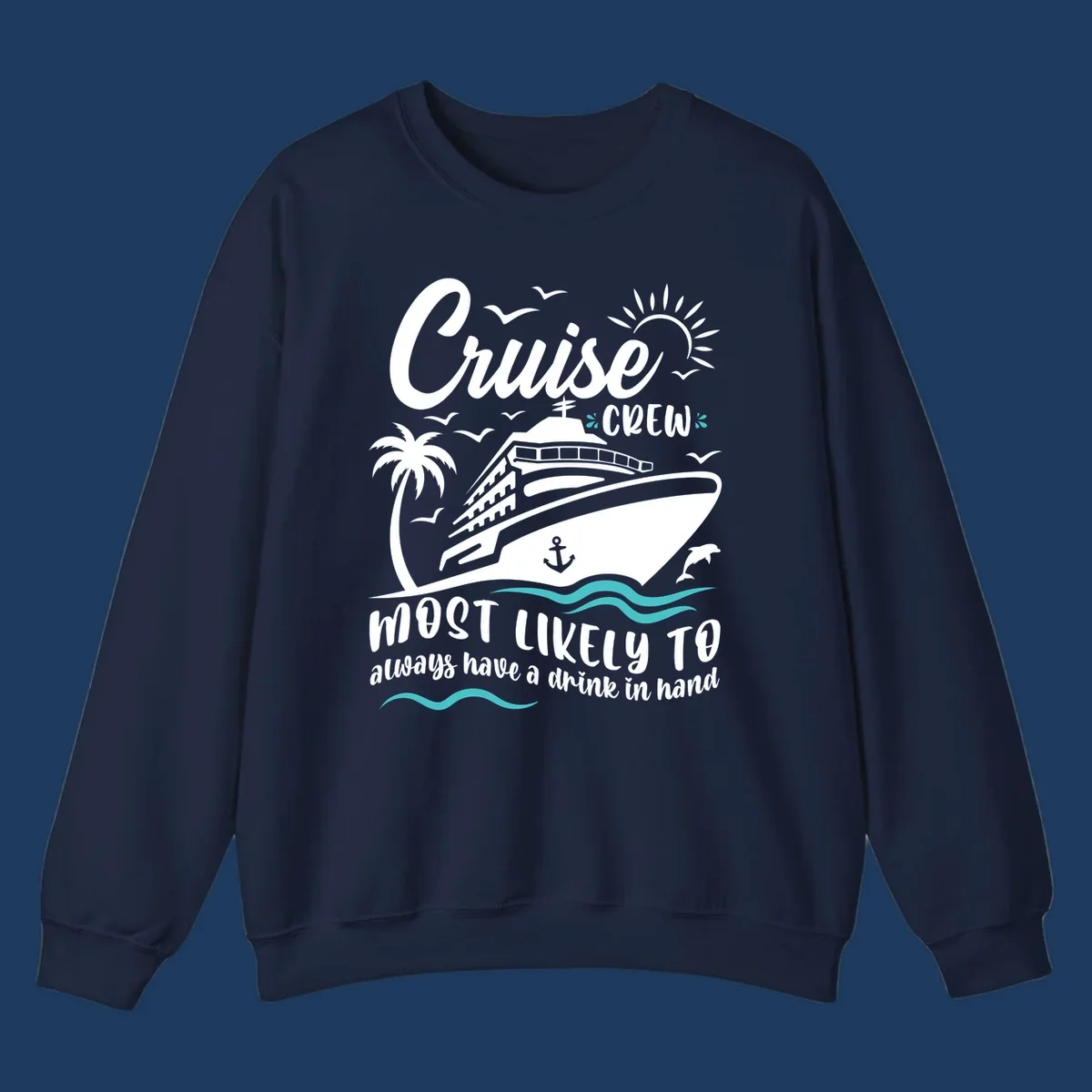 Cruise crew most likely to drink illustration with ship, palm tree, sun, waves, and seagulls on gray background