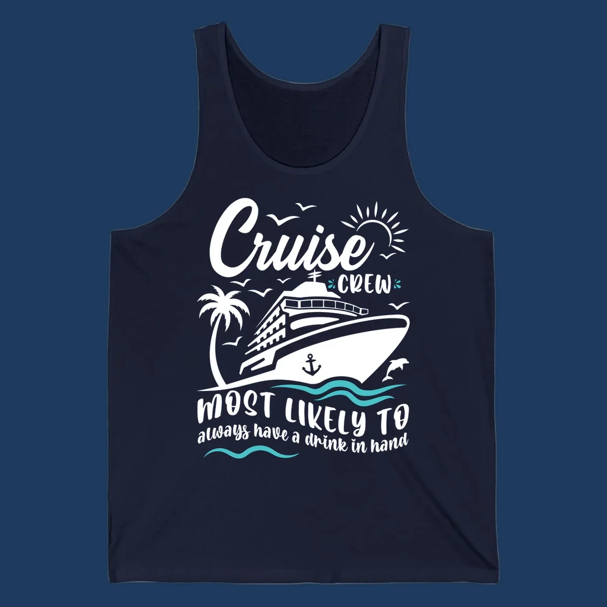 Cruise crew most likely to drink illustration with ship, palm tree, sun, waves, and seagulls on gray background