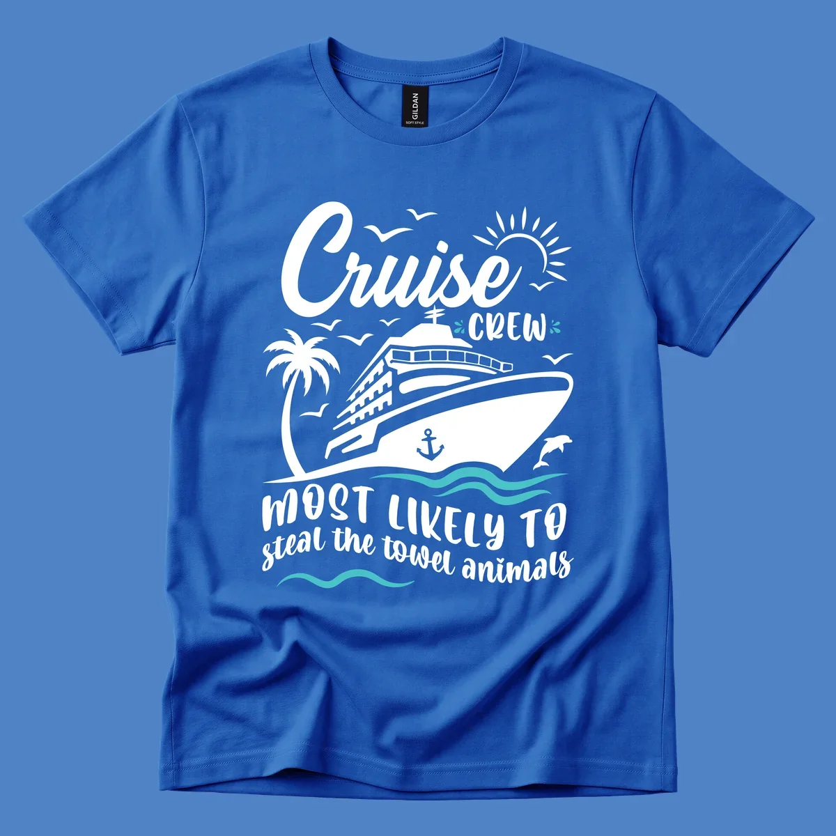 Illustrated cruise ship design with palm trees, sun, and seagulls with humorous text about cruise crew stealing towel animals