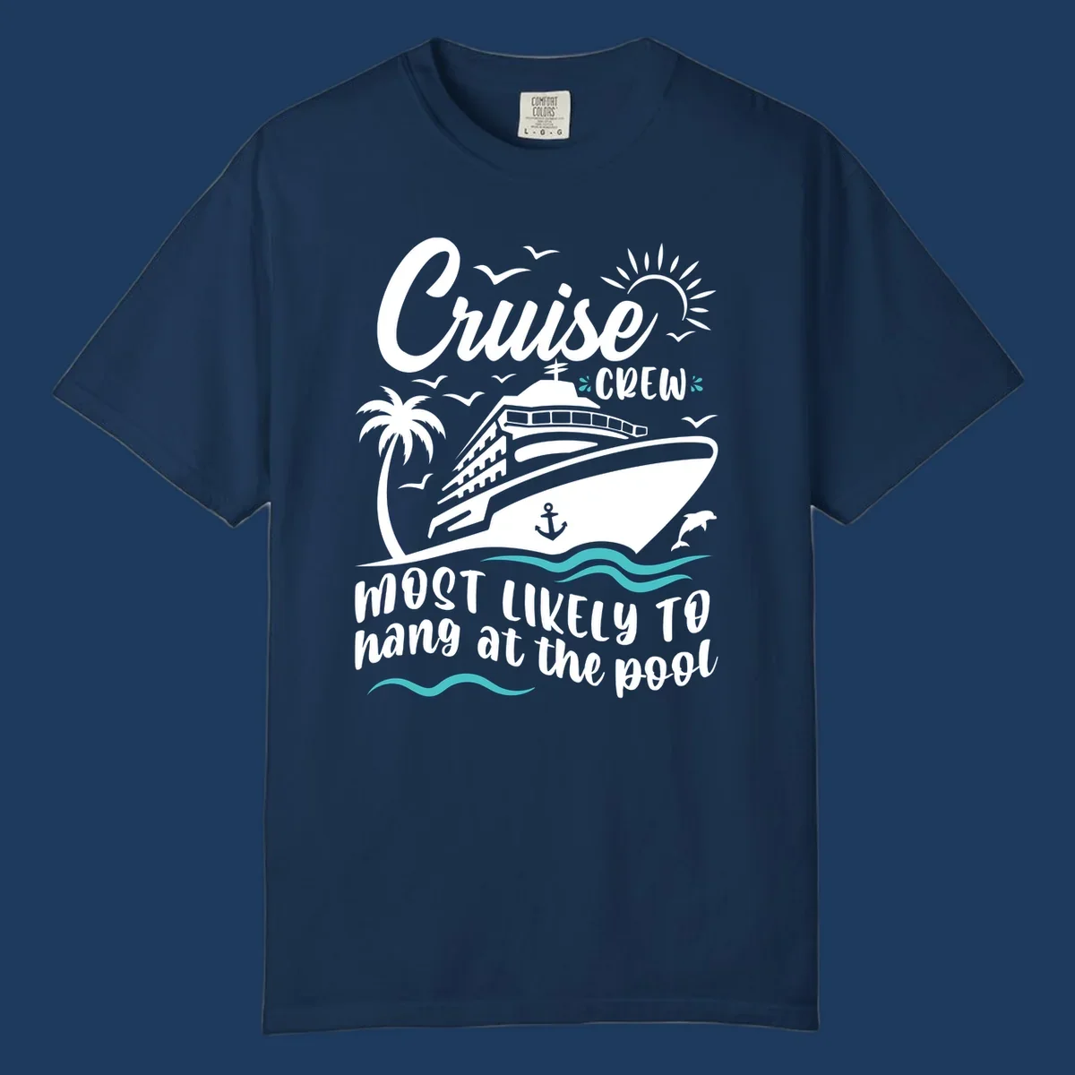 Cruise crew pool hang design with ship, palm tree, sun, seagulls, and ocean waves on gray background