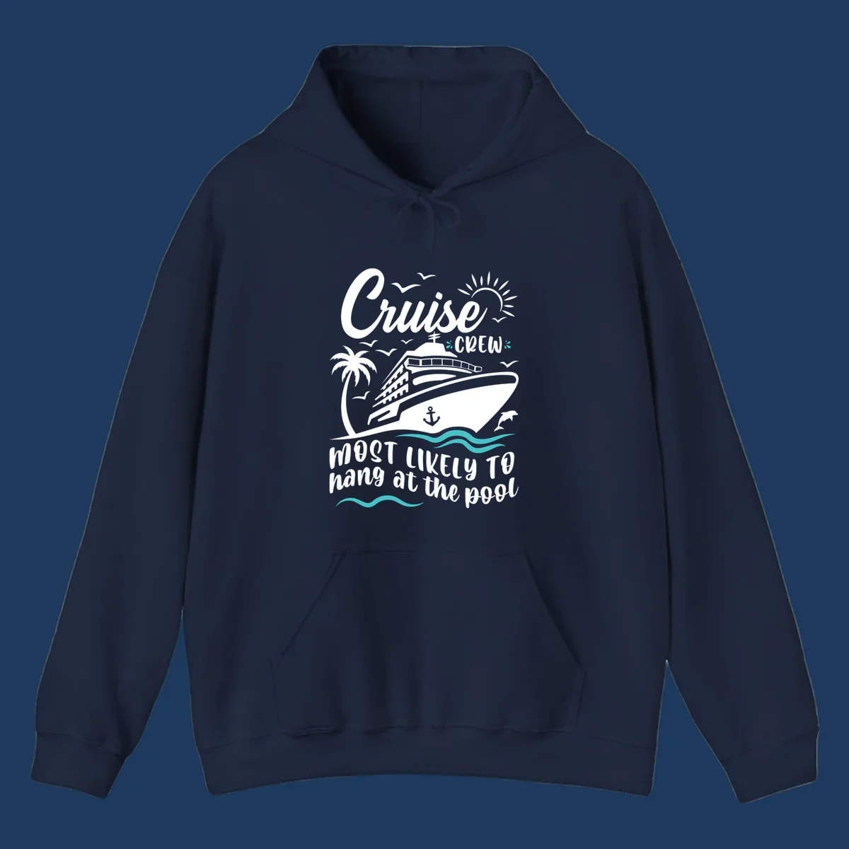 Cruise crew pool hang design with ship, palm tree, sun, seagulls, and ocean waves on gray background