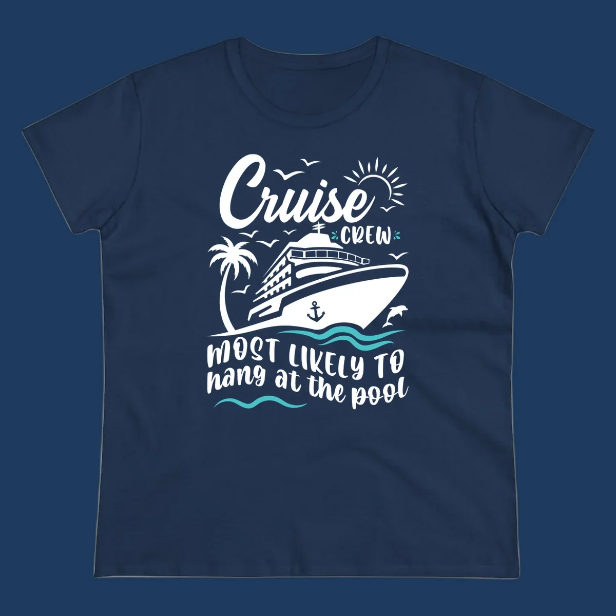 Cruise crew pool hang design with ship, palm tree, sun, seagulls, and ocean waves on gray background
