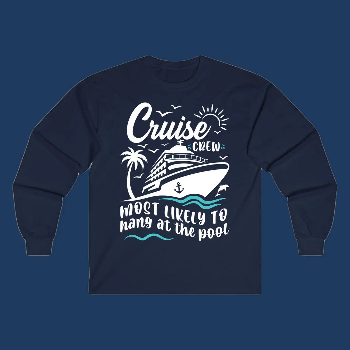 Cruise crew pool hang design with ship, palm tree, sun, seagulls, and ocean waves on gray background