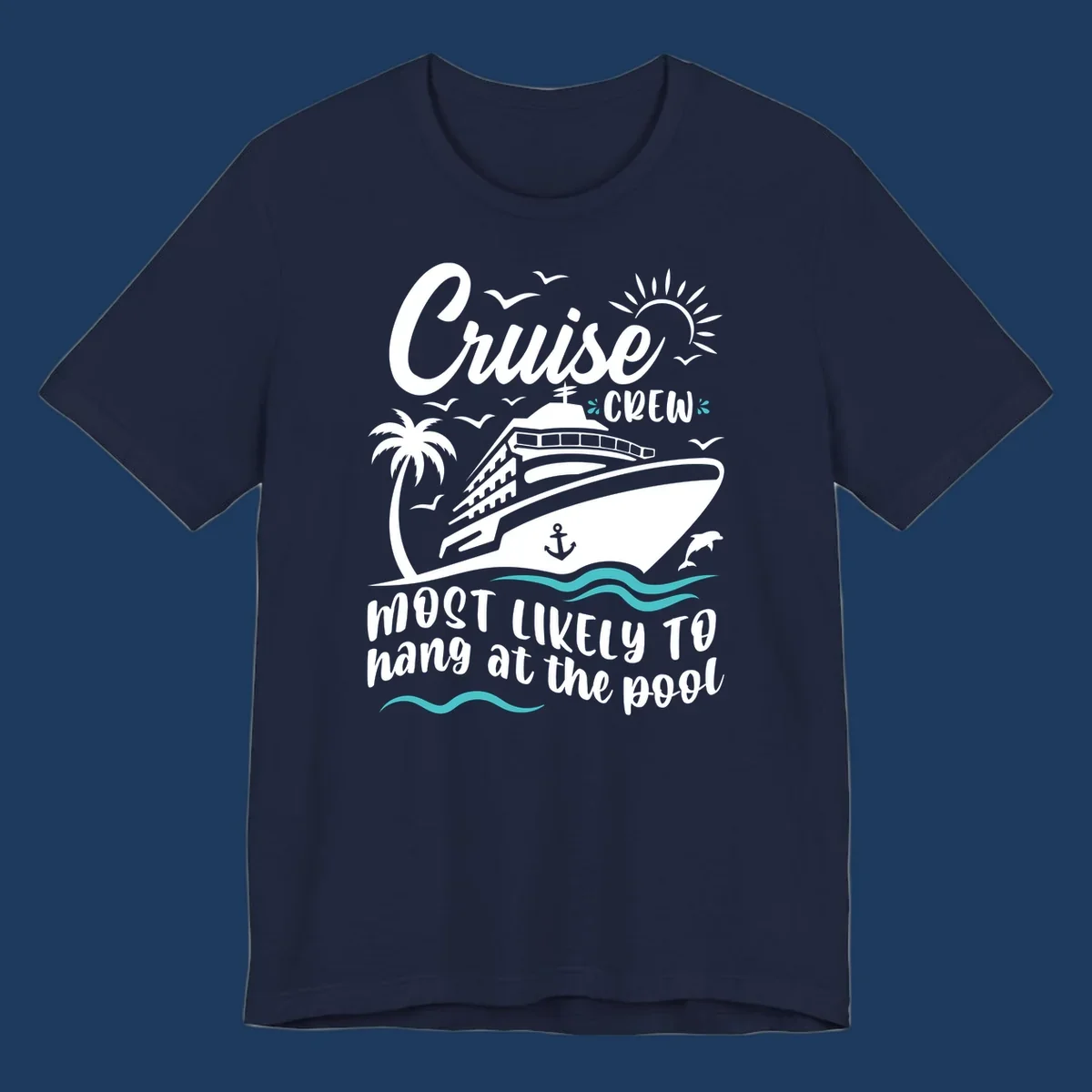 Cruise crew pool hang design with ship, palm tree, sun, seagulls, and ocean waves on gray background