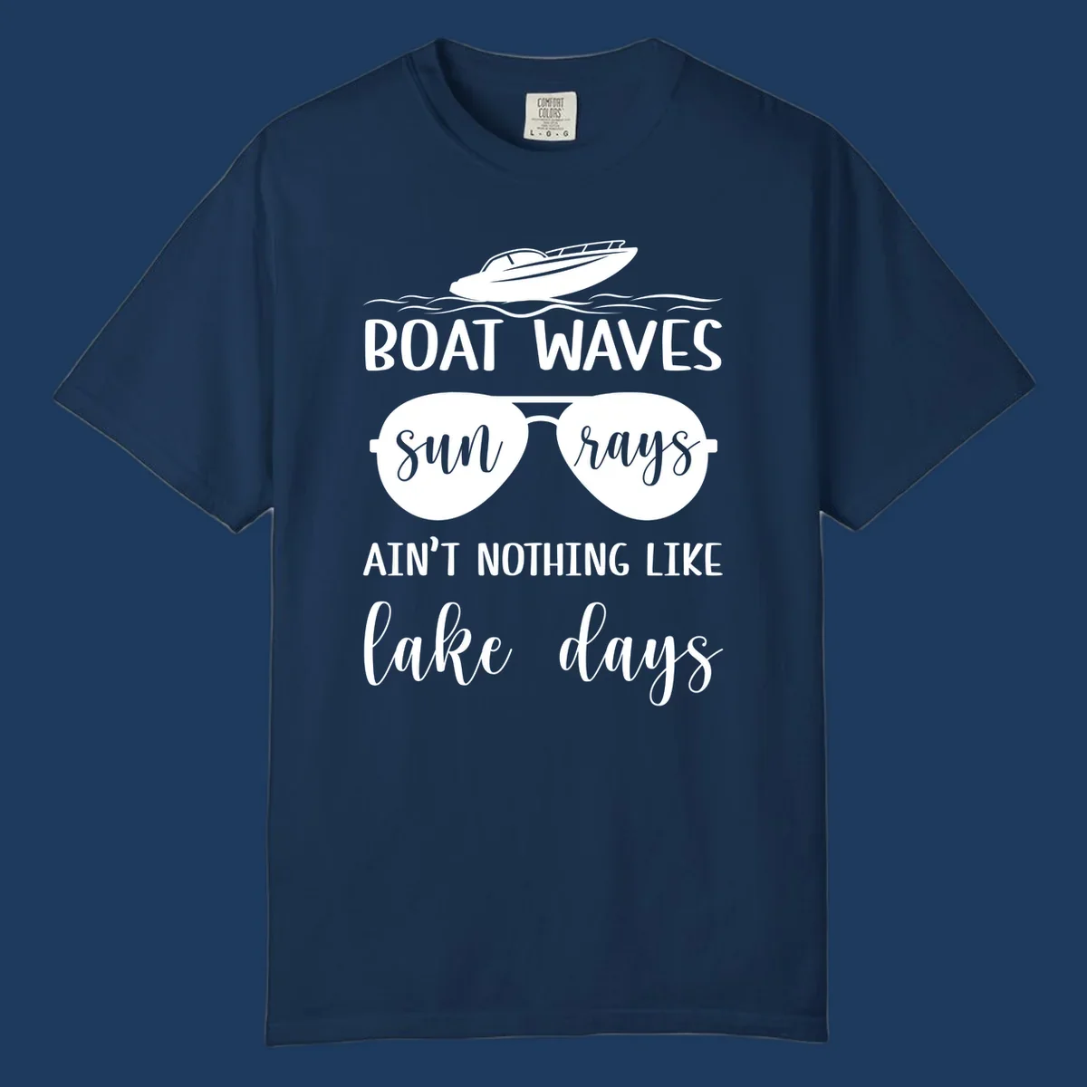 White boat waves lake days design with speedboat, sunglasses, and nautical wave graphics on gray background