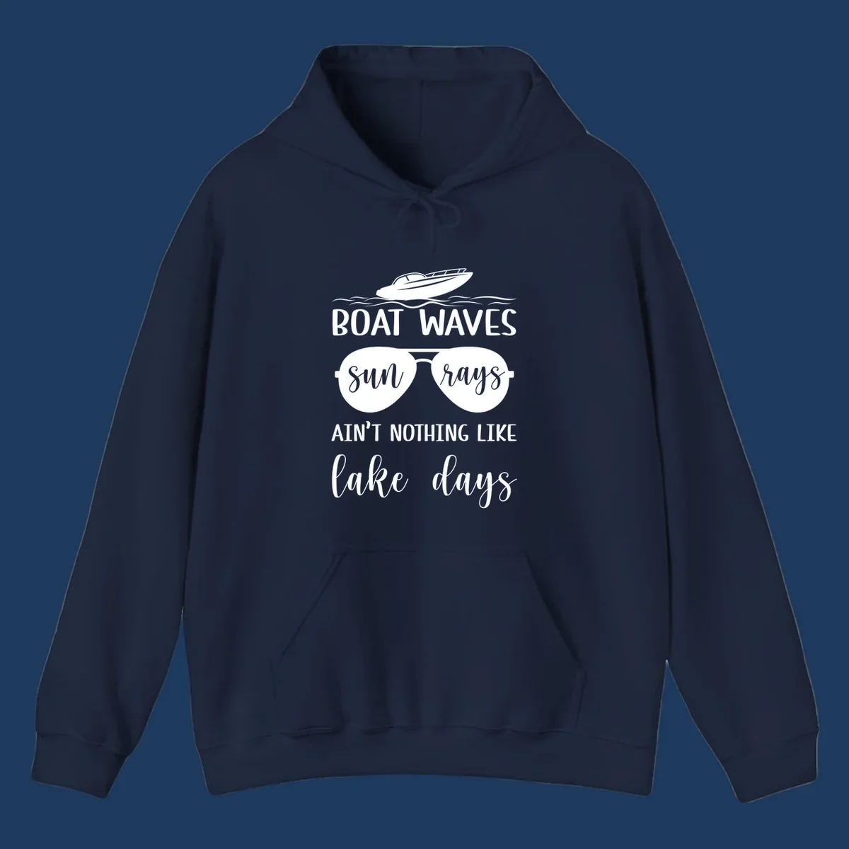White boat waves lake days design with speedboat, sunglasses, and nautical wave graphics on gray background