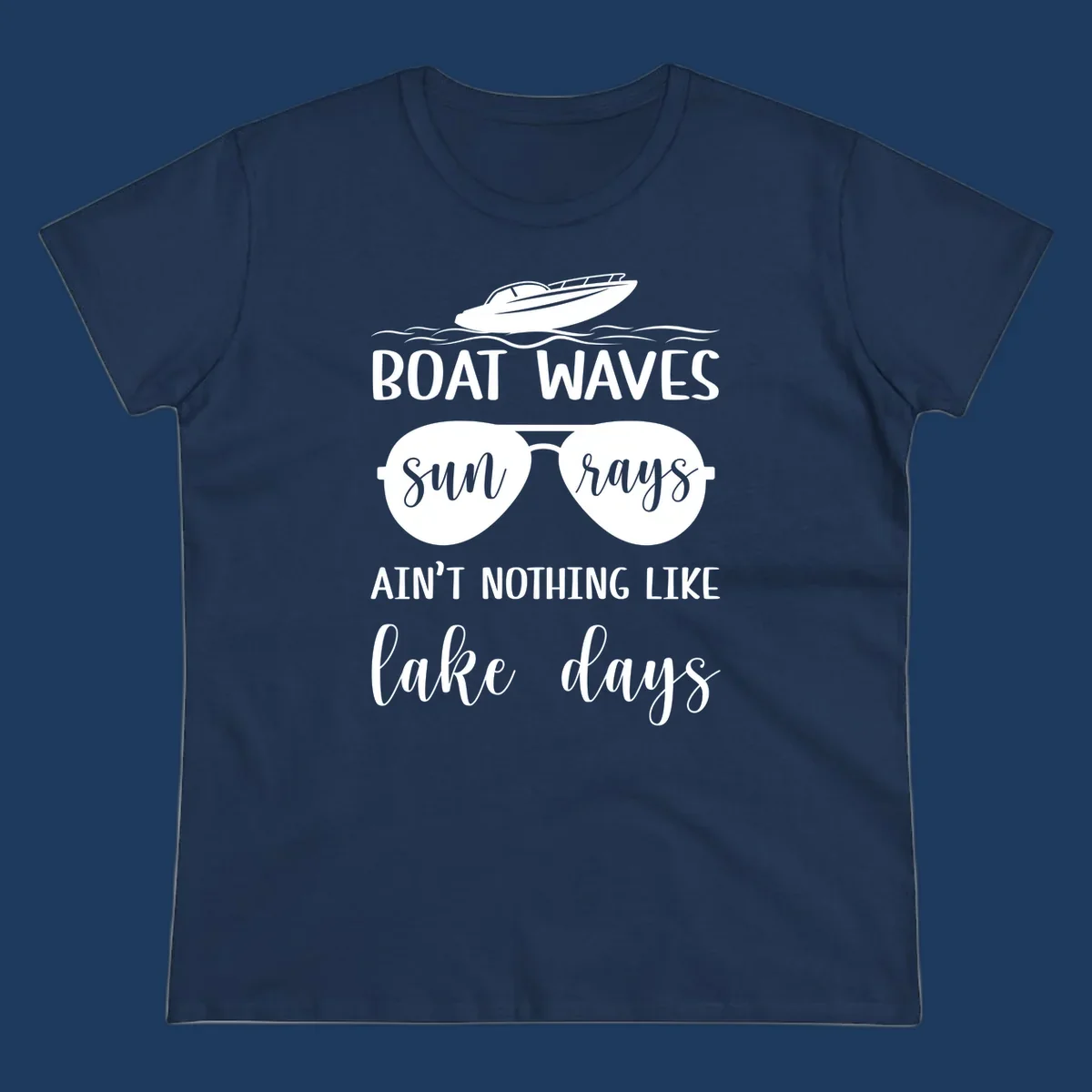 White boat waves lake days design with speedboat, sunglasses, and nautical wave graphics on gray background