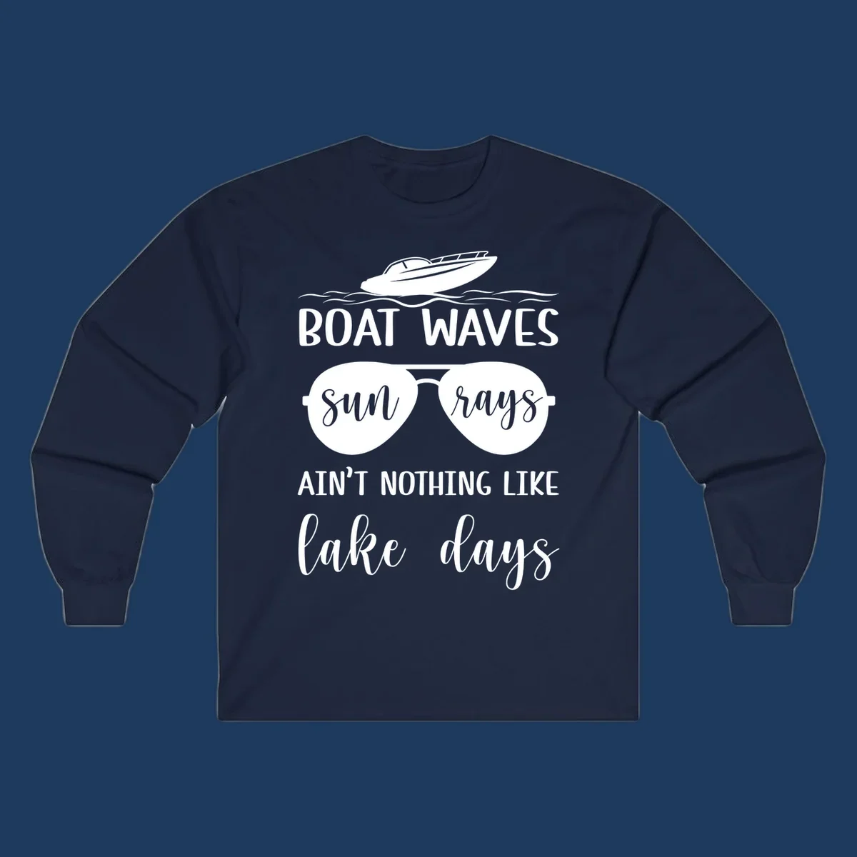 White boat waves lake days design with speedboat, sunglasses, and nautical wave graphics on gray background
