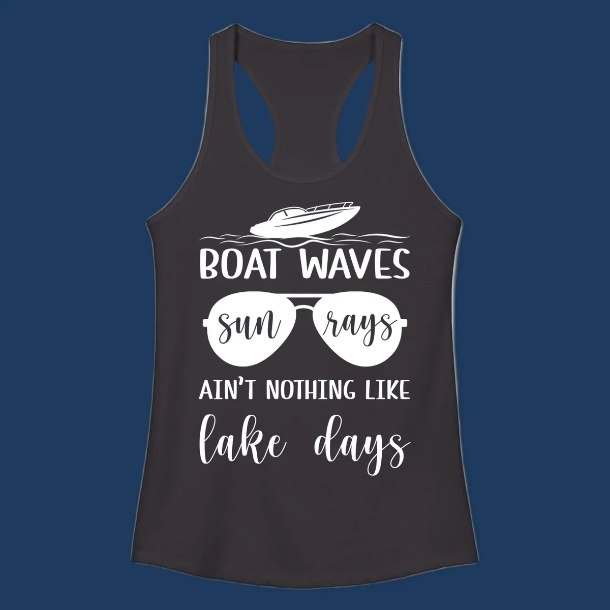 White boat waves lake days design with speedboat, sunglasses, and nautical wave graphics on gray background