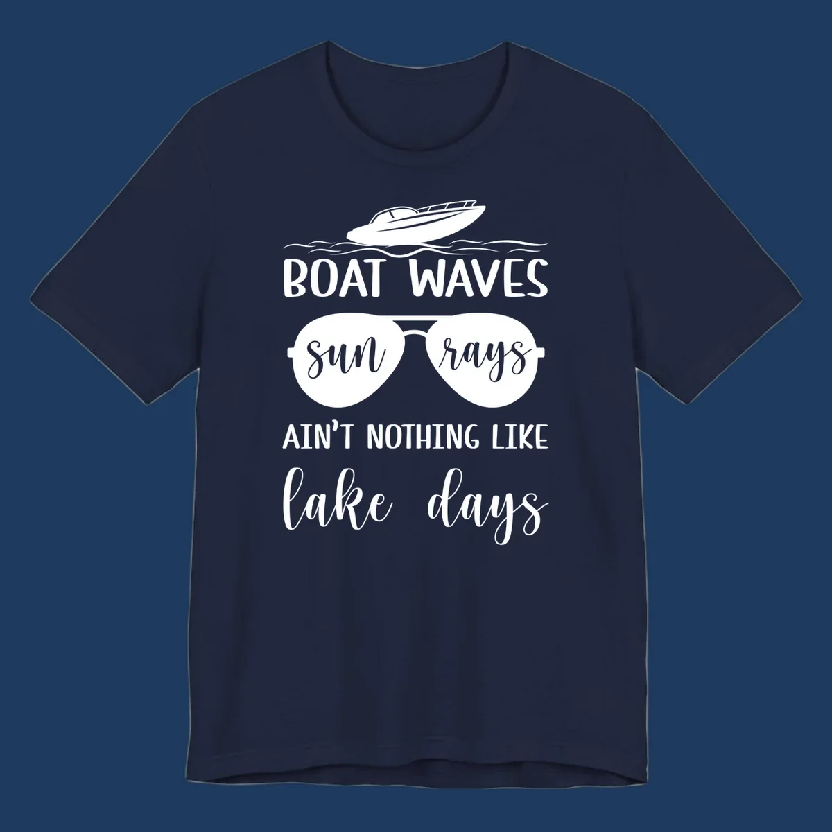White boat waves lake days design with speedboat, sunglasses, and nautical wave graphics on gray background