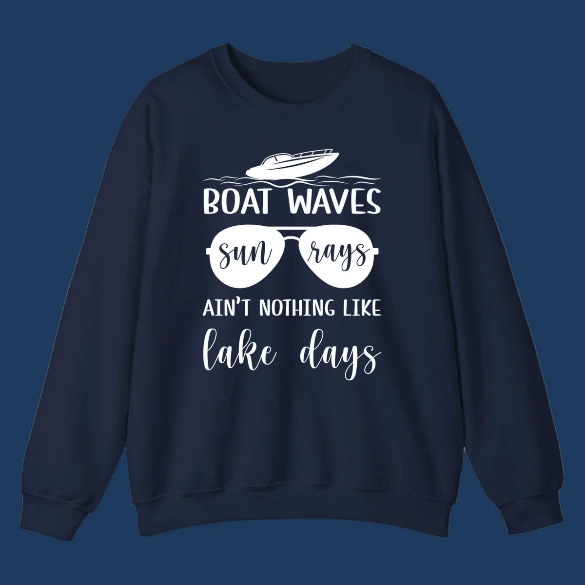 White boat waves lake days design with speedboat, sunglasses, and nautical wave graphics on gray background