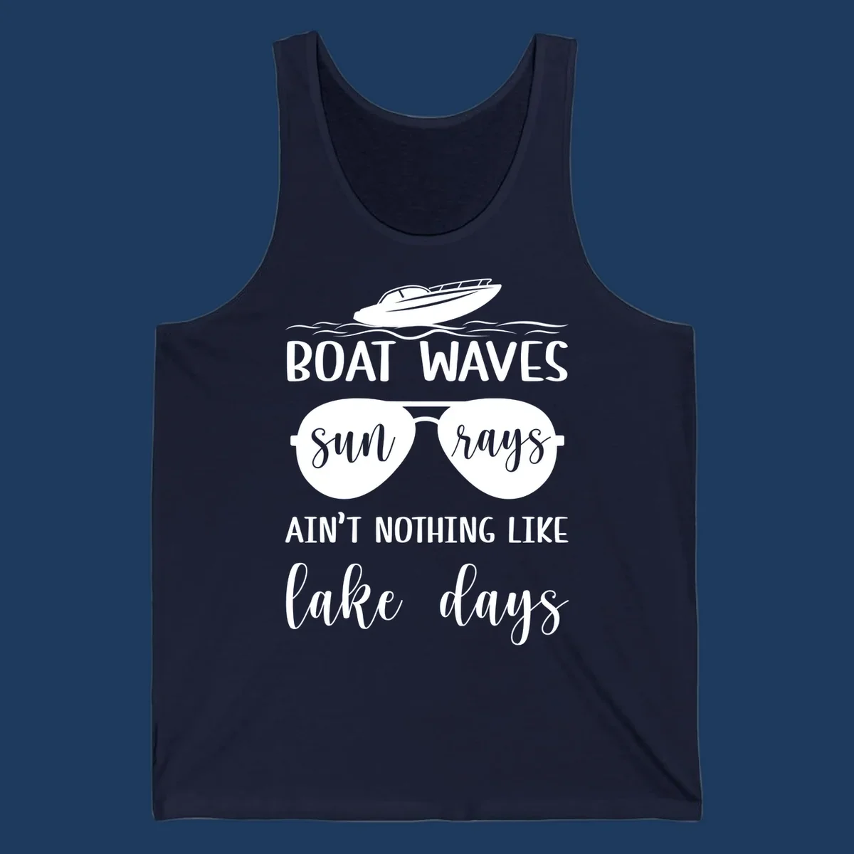 White boat waves lake days design with speedboat, sunglasses, and nautical wave graphics on gray background