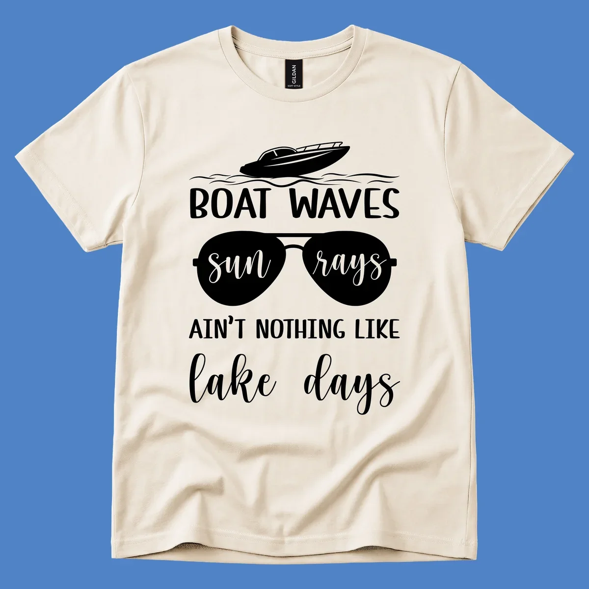 White boat waves lake days design with speedboat, sunglasses, and nautical wave graphics on gray background