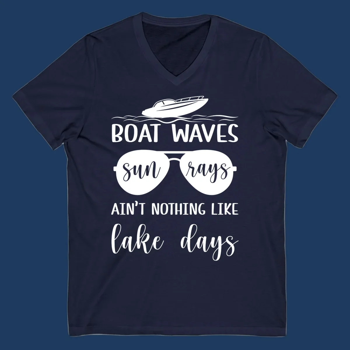 White boat waves lake days design with speedboat, sunglasses, and nautical wave graphics on gray background