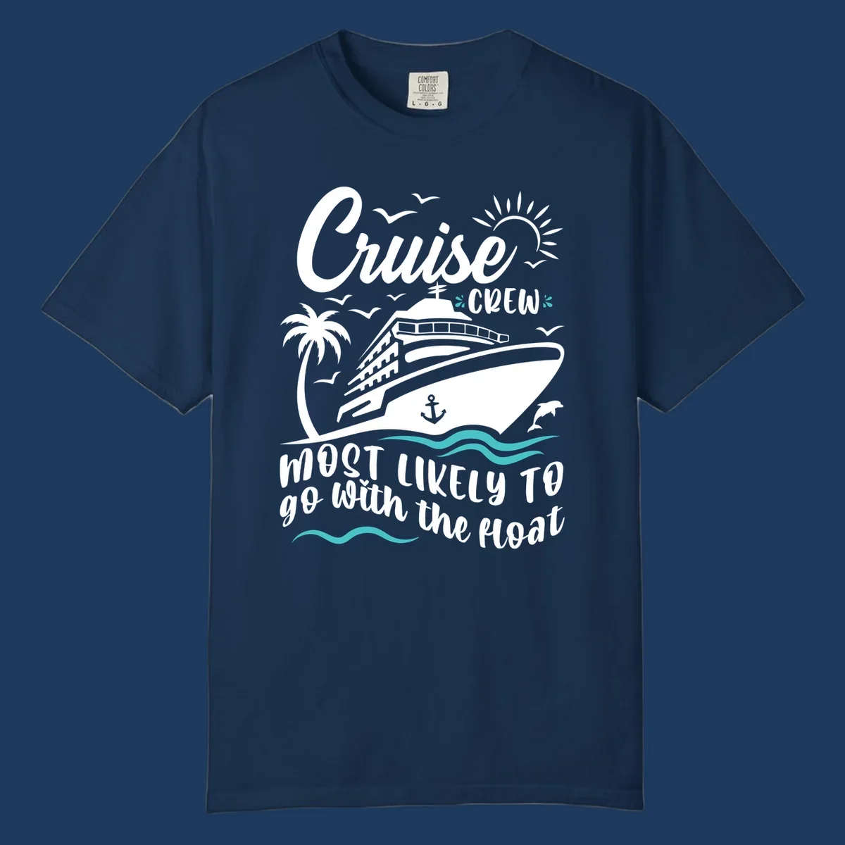 Cruise ship with palm tree, sun, seagulls, and waves. Text reads 'Cruise Crew most likely to go with the boat' in white lettering on gray background.