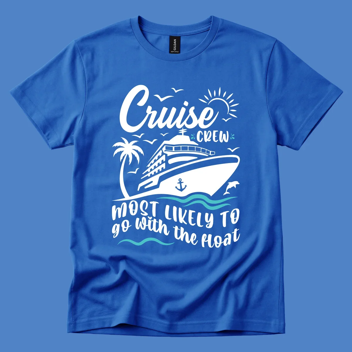 Cruise ship with palm tree, sun, seagulls, and waves. Text reads 'Cruise Crew most likely to go with the boat' in white lettering on gray background.