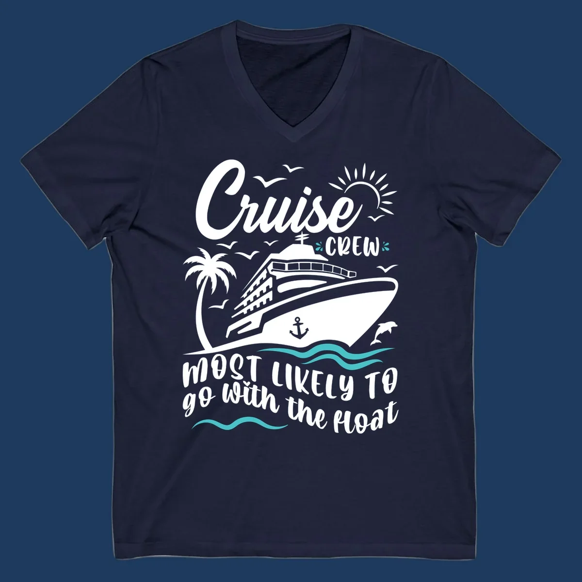 Cruise ship with palm tree, sun, seagulls, and waves. Text reads 'Cruise Crew most likely to go with the boat' in white lettering on gray background.