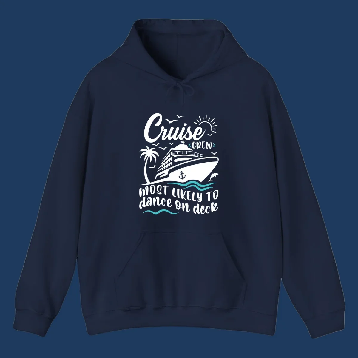 Cruise ship illustration with palm trees, sun, and seagulls. Text reads 'Cruise Crew most likely to dance on deck' in white and teal on gray background.
