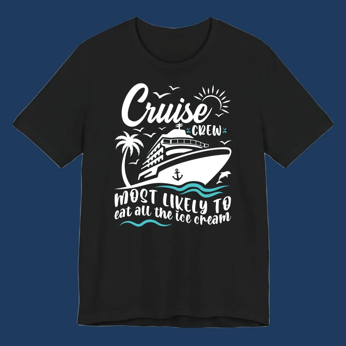 Cruise crew ice cream design with ship, palm tree, sun, seagulls, dolphins, and wavy ocean borders on gray background