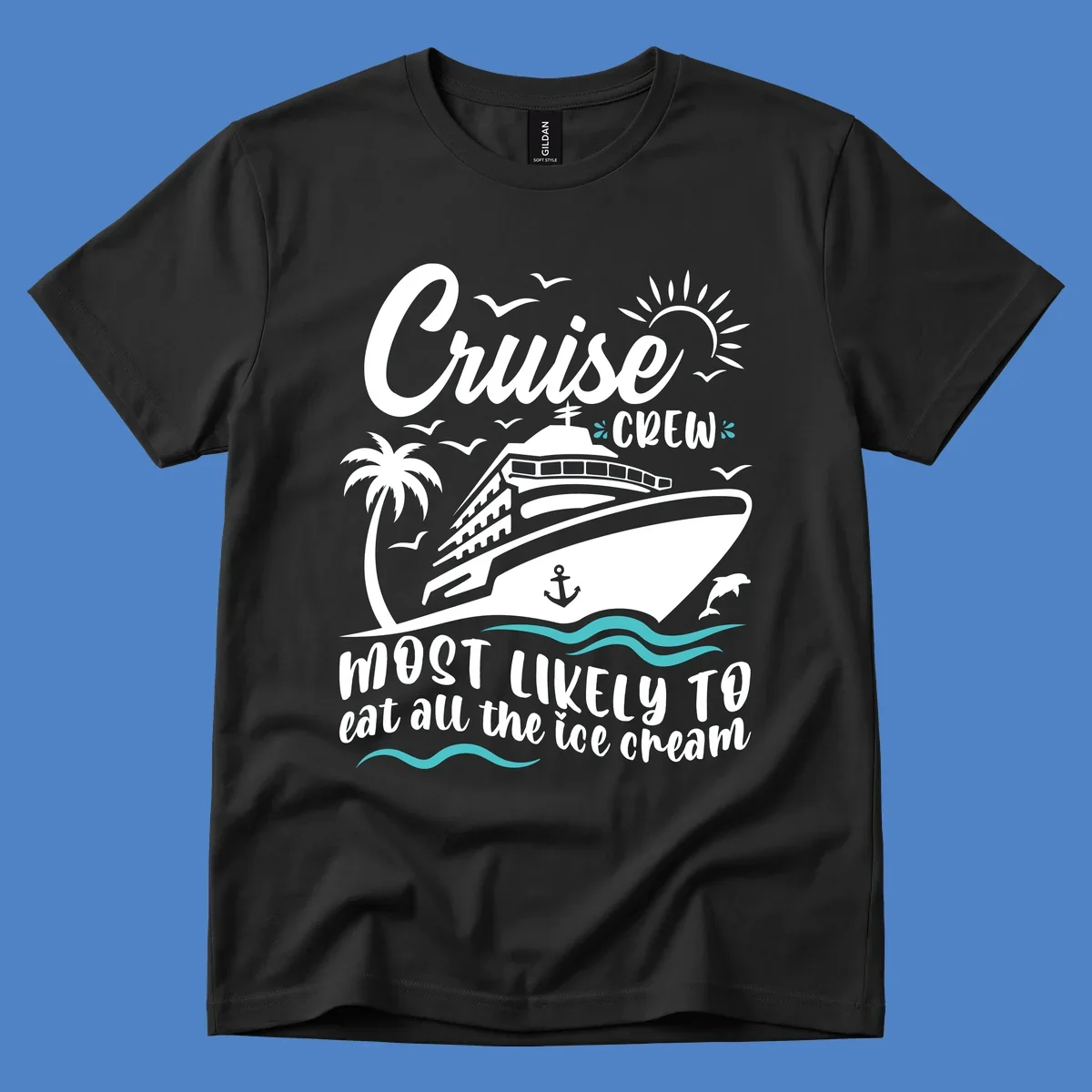 Cruise crew ice cream design with ship, palm tree, sun, seagulls, dolphins, and wavy ocean borders on gray background