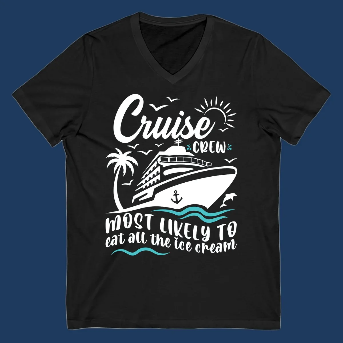 Cruise crew ice cream design with ship, palm tree, sun, seagulls, dolphins, and wavy ocean borders on gray background