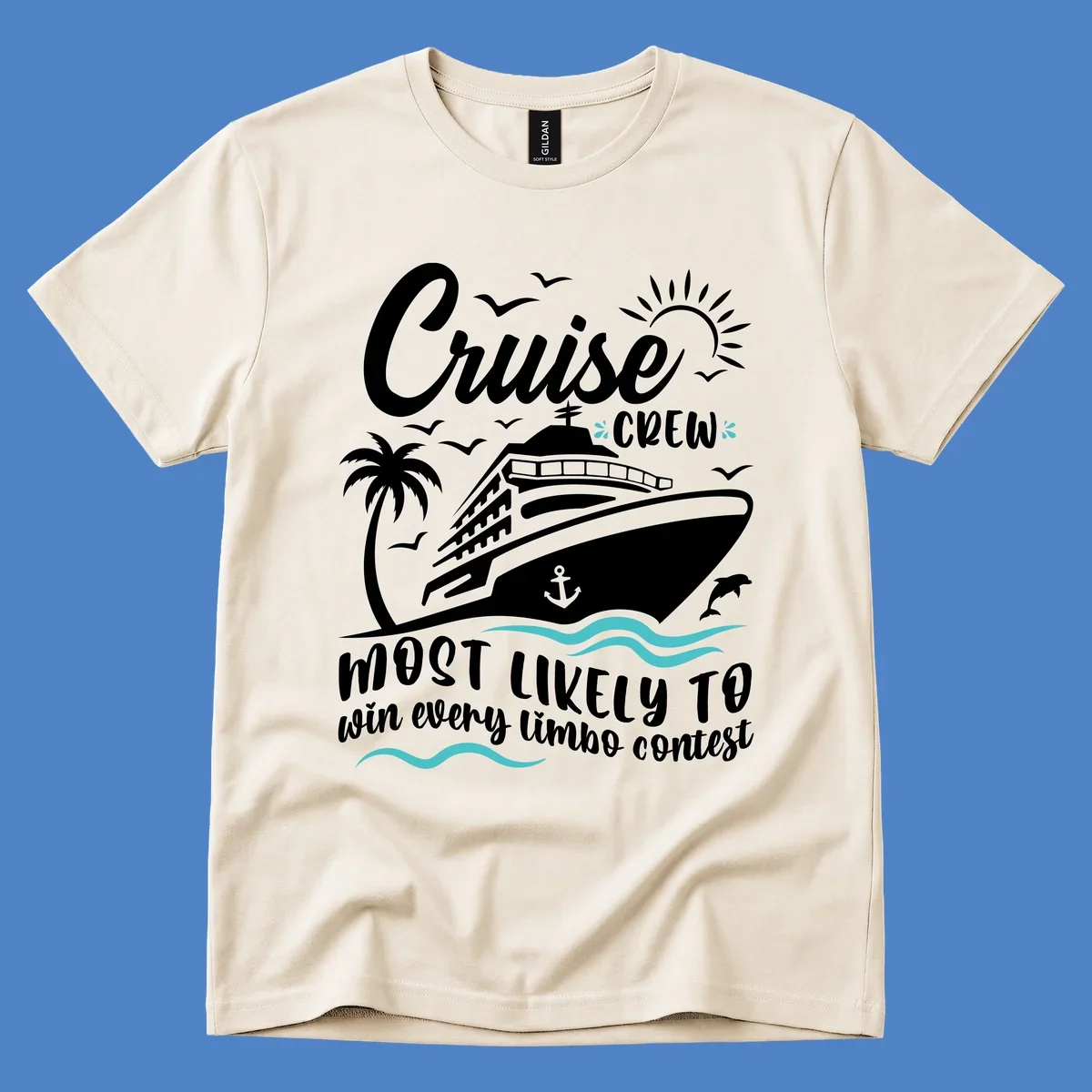 Cruise crew limbo design with ship, palm tree, sun, ocean waves, and humorous text about winning every limbo contest