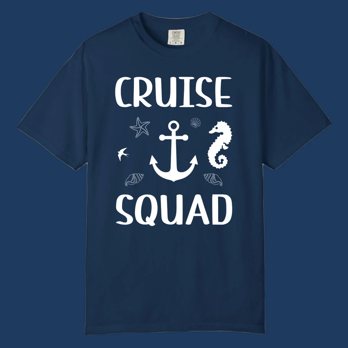 Cruise squad anchor design with starfish, seahorse, seashells and ocean elements on gray background