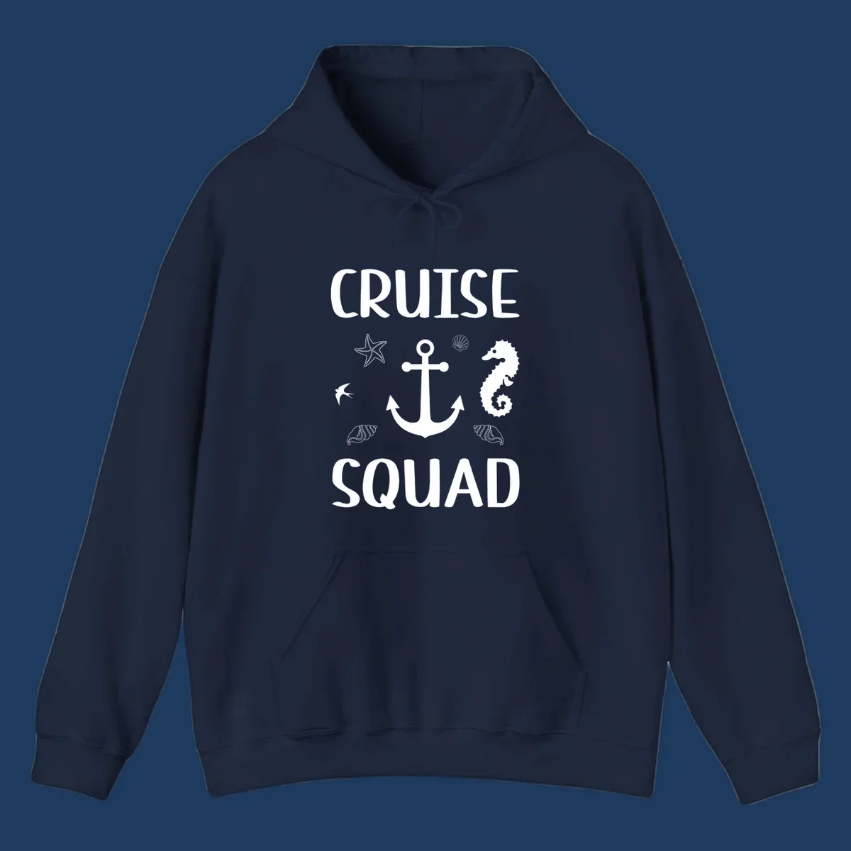 Cruise squad anchor design with starfish, seahorse, seashells and ocean elements on gray background