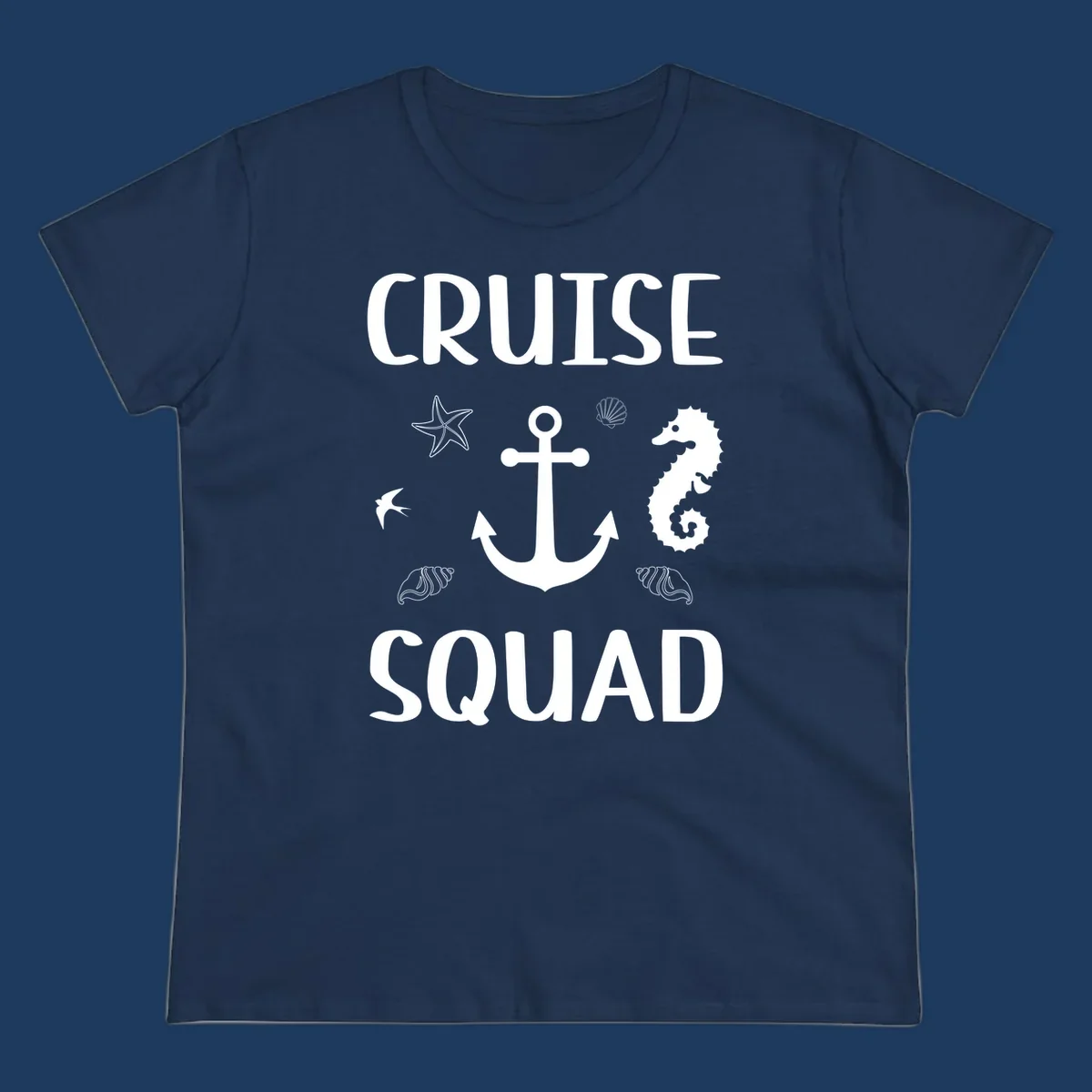 Cruise squad anchor design with starfish, seahorse, seashells and ocean elements on gray background