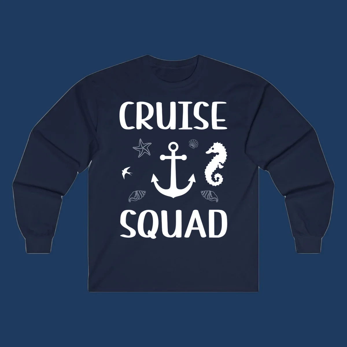 Cruise squad anchor design with starfish, seahorse, seashells and ocean elements on gray background