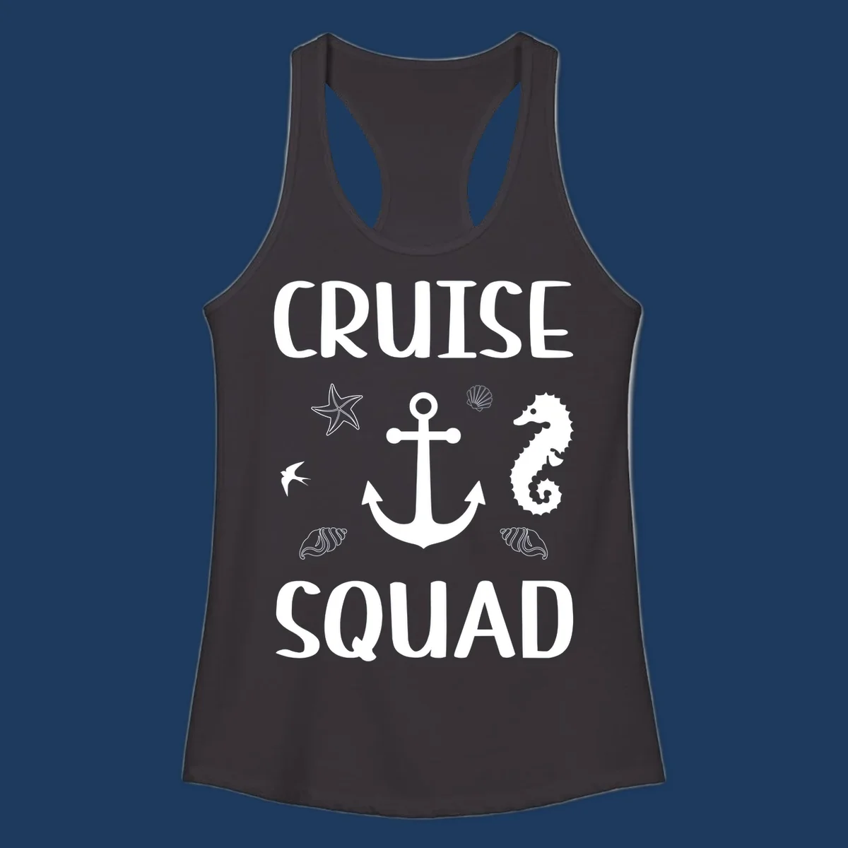 Cruise squad anchor design with starfish, seahorse, seashells and ocean elements on gray background