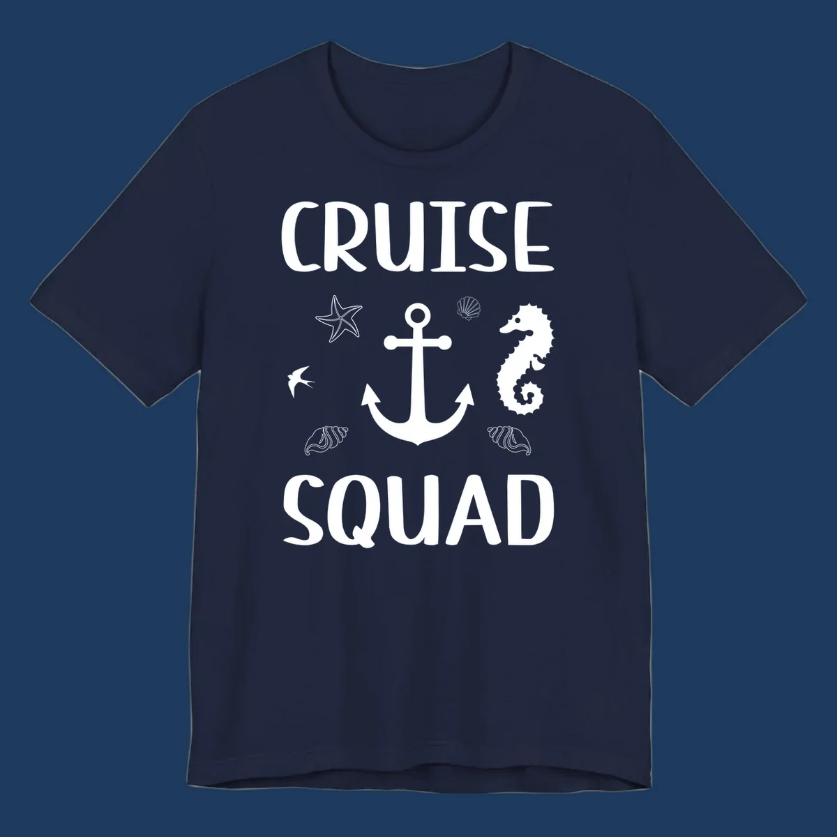 Cruise squad anchor design with starfish, seahorse, seashells and ocean elements on gray background