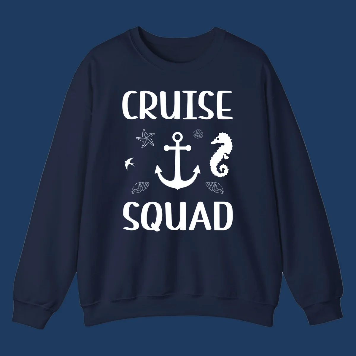 Cruise squad anchor design with starfish, seahorse, seashells and ocean elements on gray background