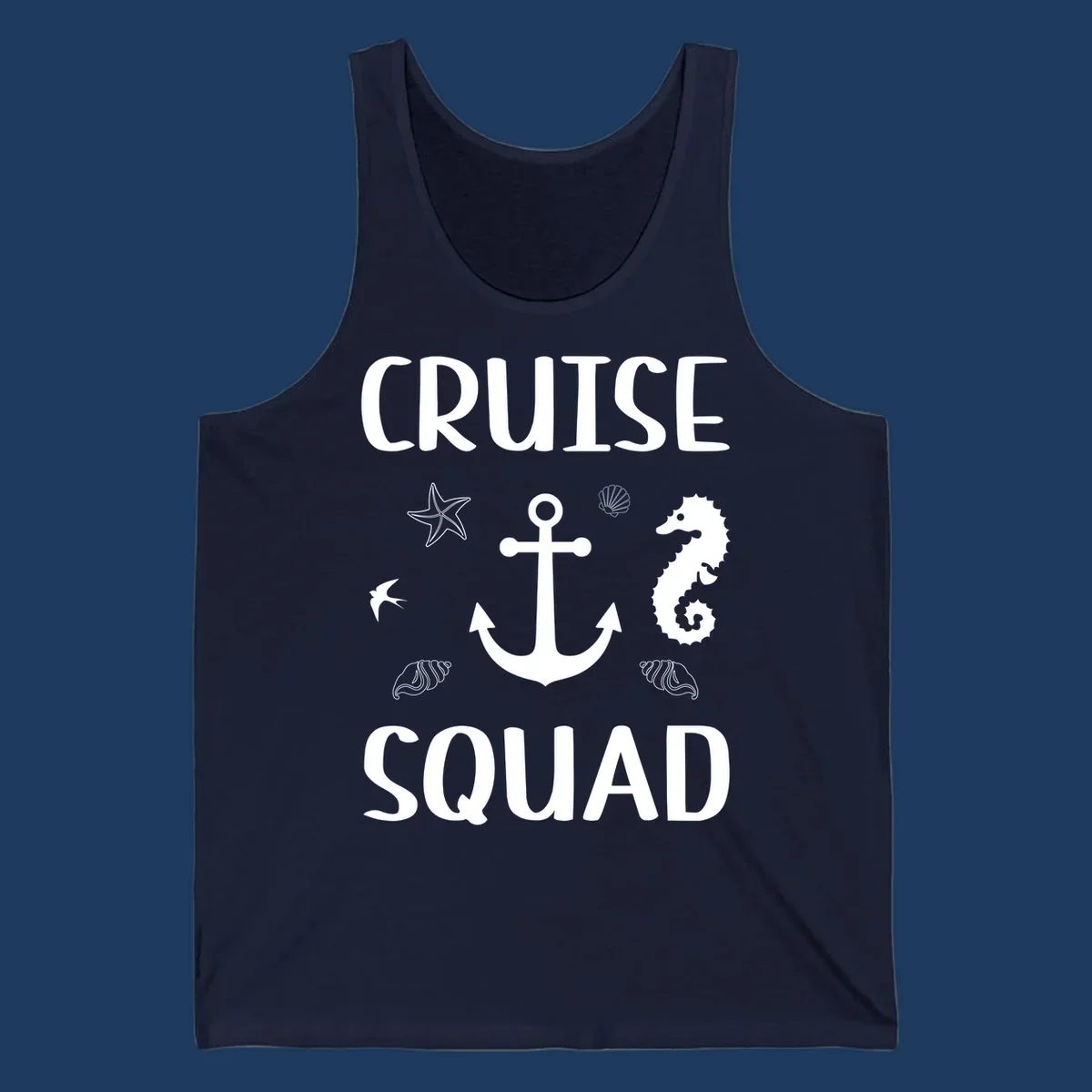 Cruise squad anchor design with starfish, seahorse, seashells and ocean elements on gray background