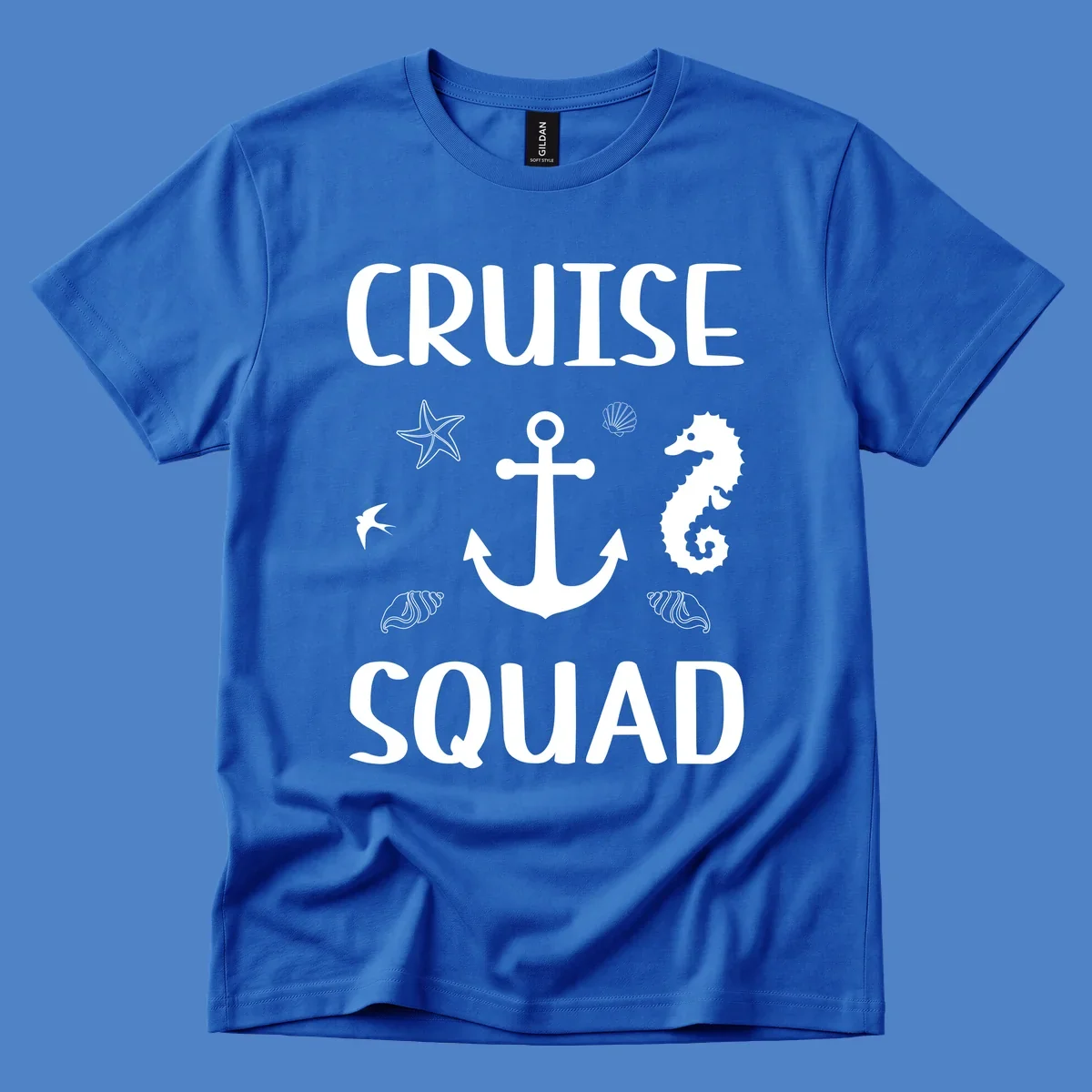 Cruise squad anchor design with starfish, seahorse, seashells and ocean elements on gray background