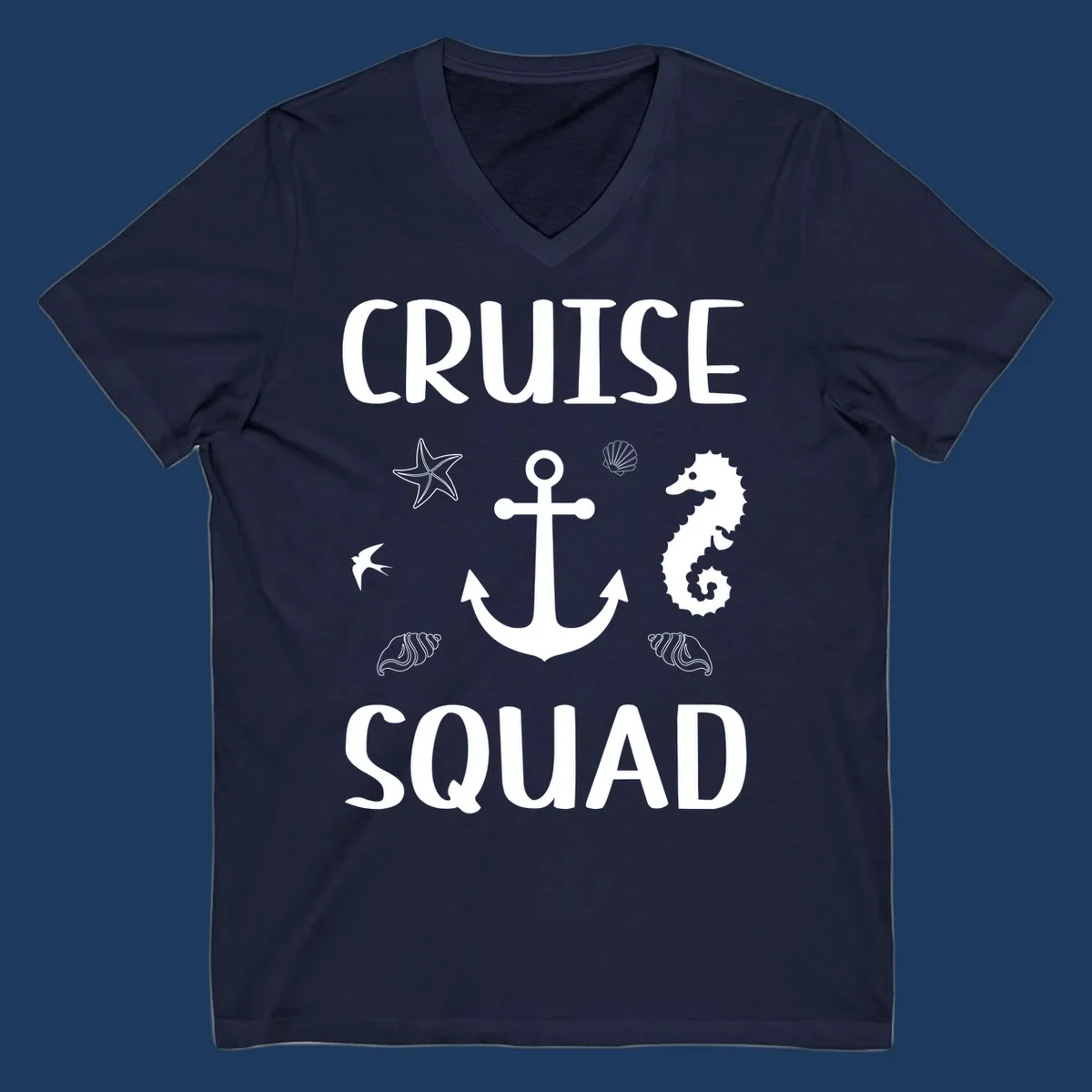 Cruise squad anchor design with starfish, seahorse, seashells and ocean elements on gray background