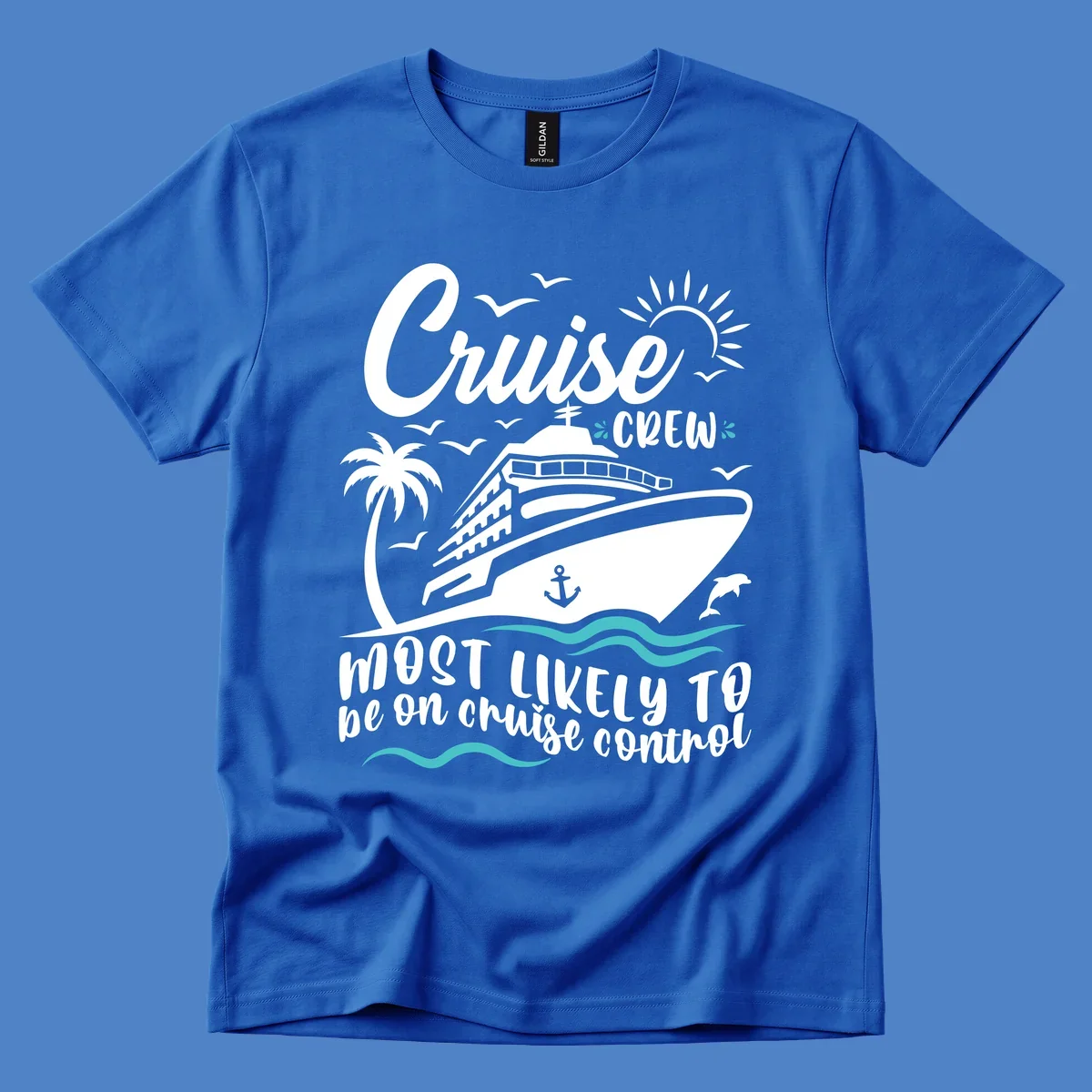 Cruise crew control design with ship, palm tree, sun, waves, and playful text about being on cruise control